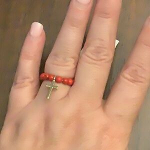 Gold Cross Charm Red Beaded Ring